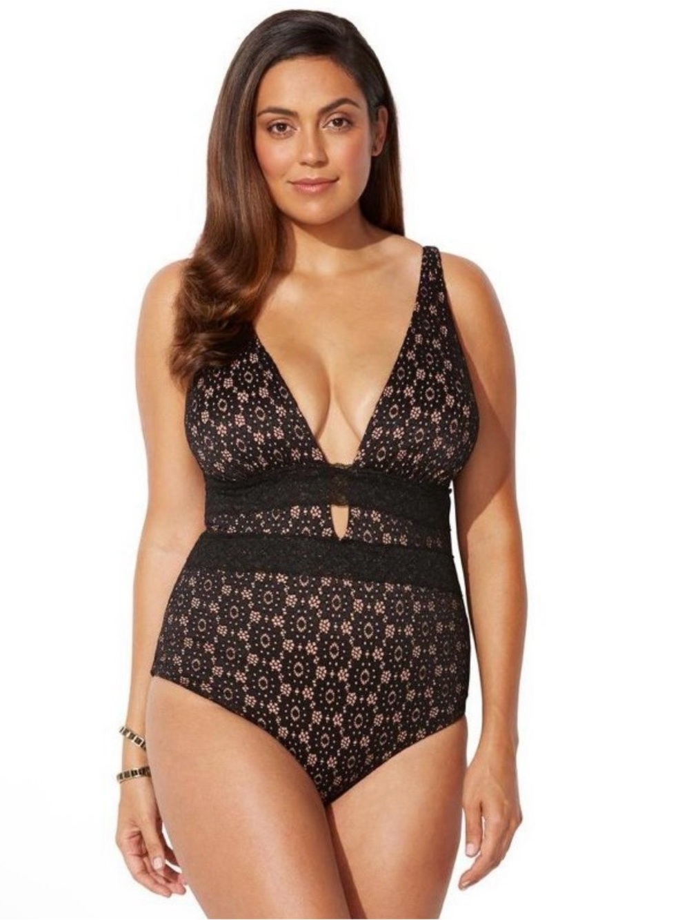 MeetCurve Black Lace One-Piece Swimsuit with Deep V Size Medium